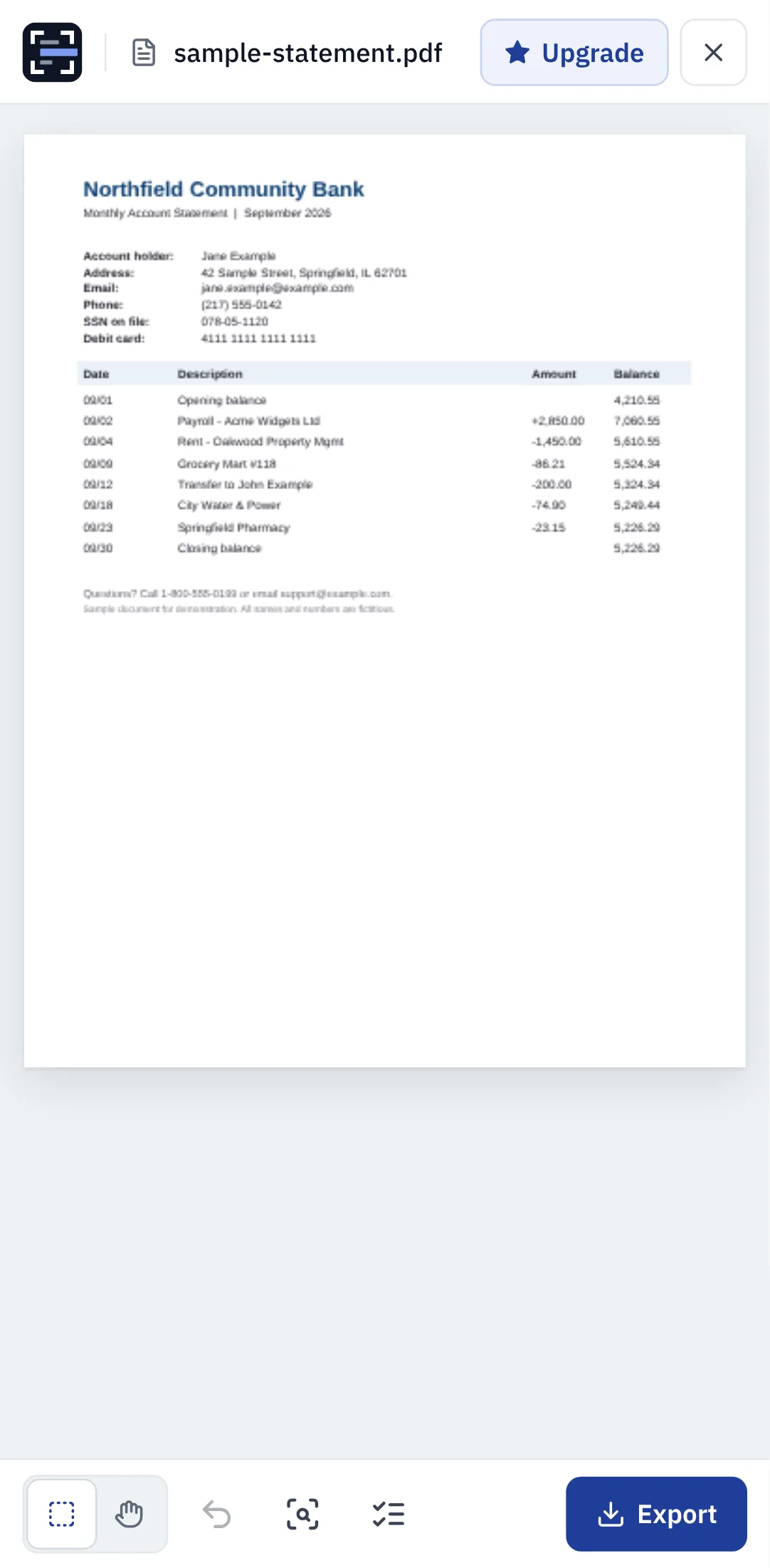 A sample bank statement open in RedactSnap at Android phone size