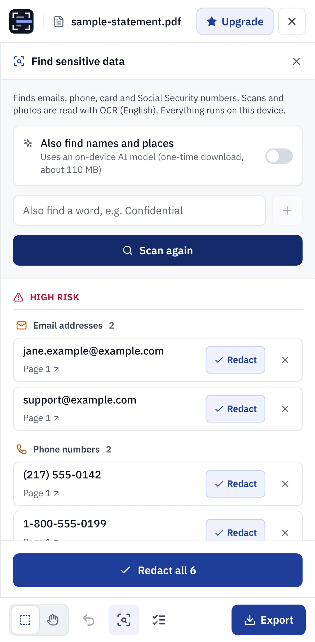 The Find sensitive data panel listing emails and phone numbers