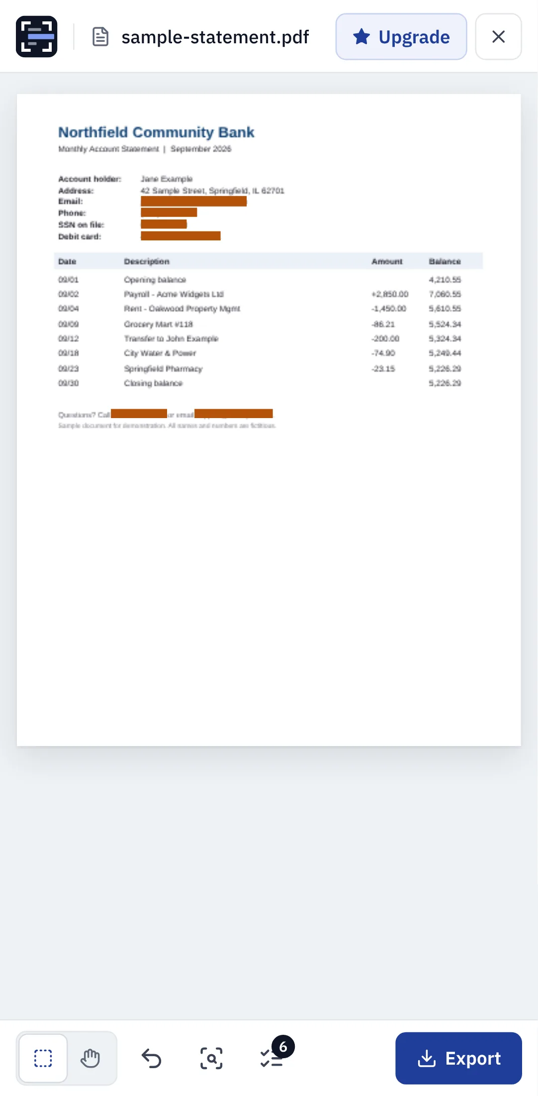The statement with boxes over the email, phone, SSN and card number