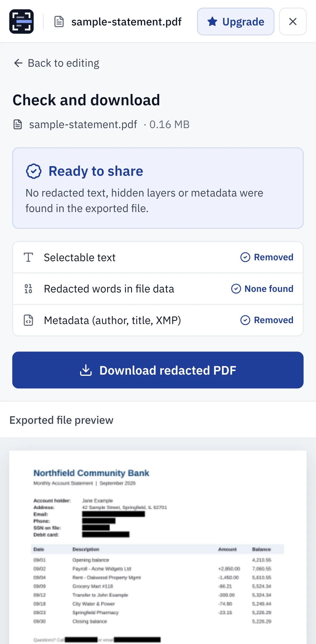 The Check and download screen reporting no redacted text or metadata in the export