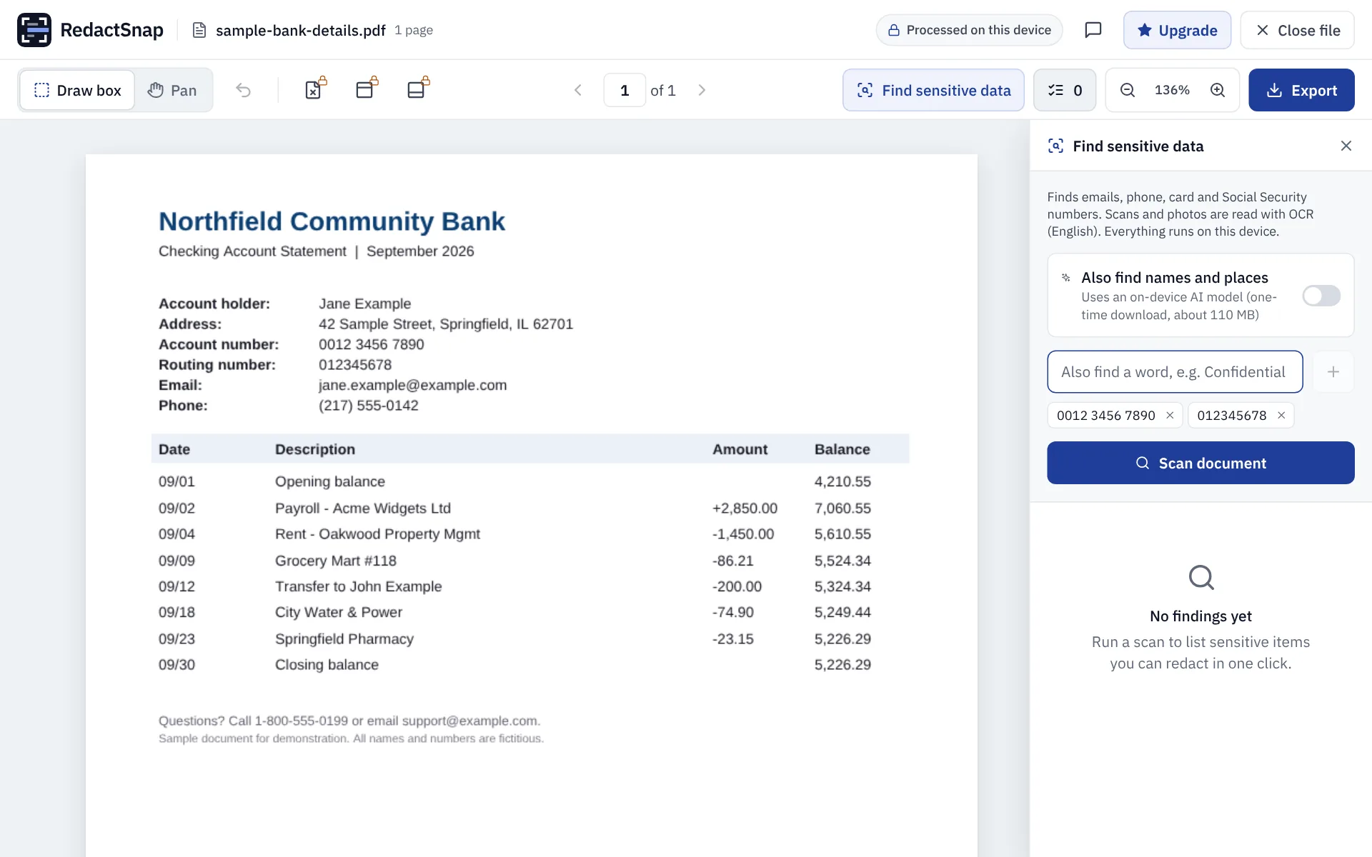 Account and routing numbers added as search terms in RedactSnap