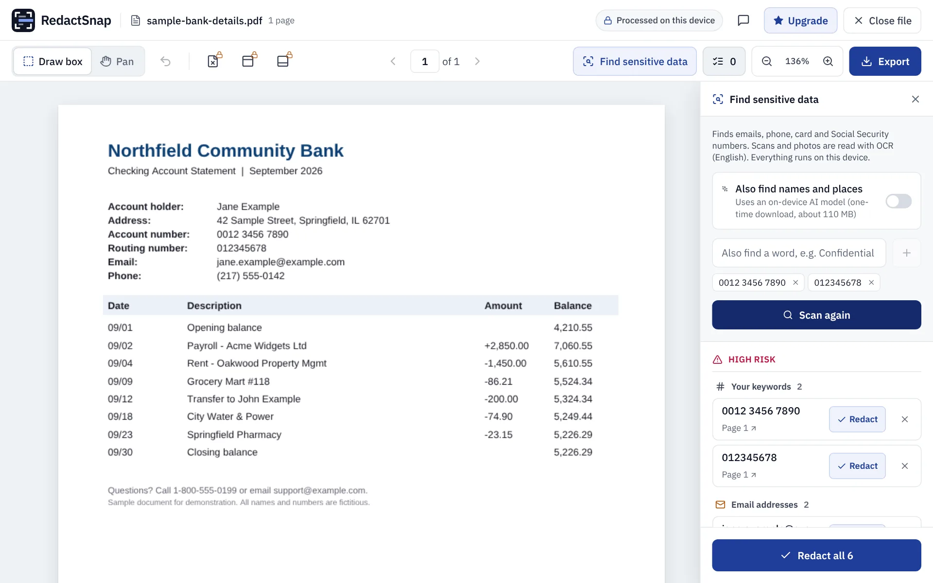 Scan results listing the account number, routing number and email addresses