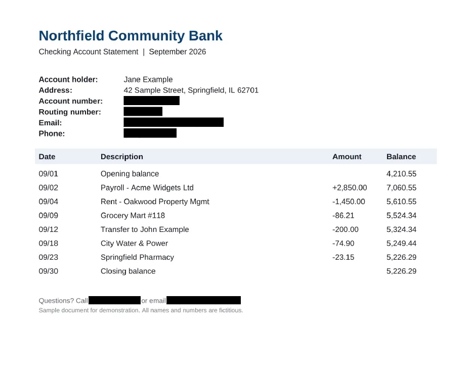 The exported statement with the account number, routing number, email and phone covered