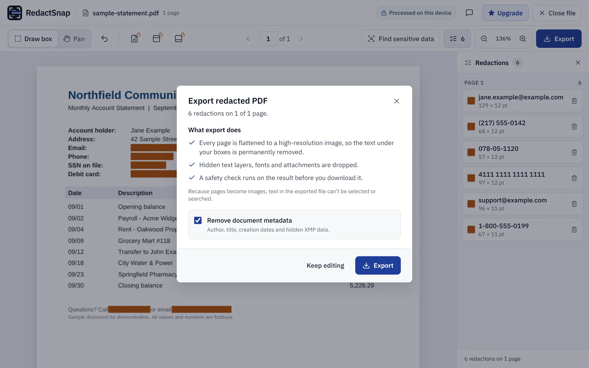 The Export redacted PDF dialog