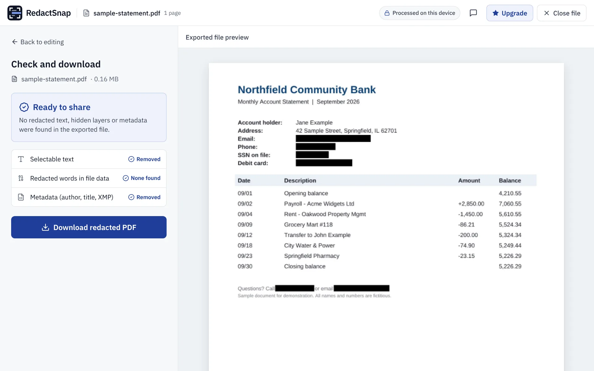 The Check and download screen with a preview of the flattened document