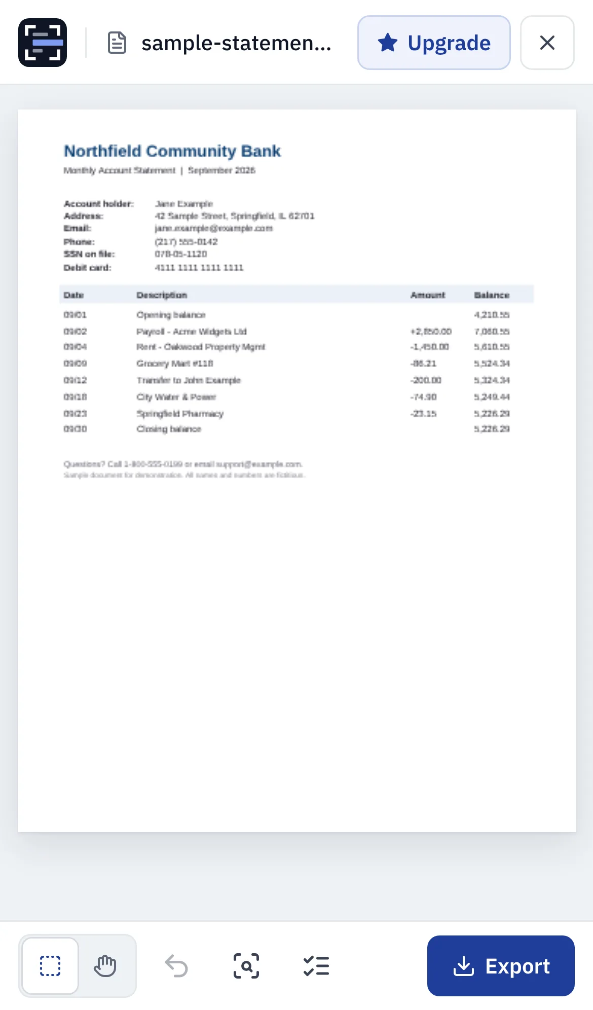A sample bank statement open in RedactSnap at iPhone size