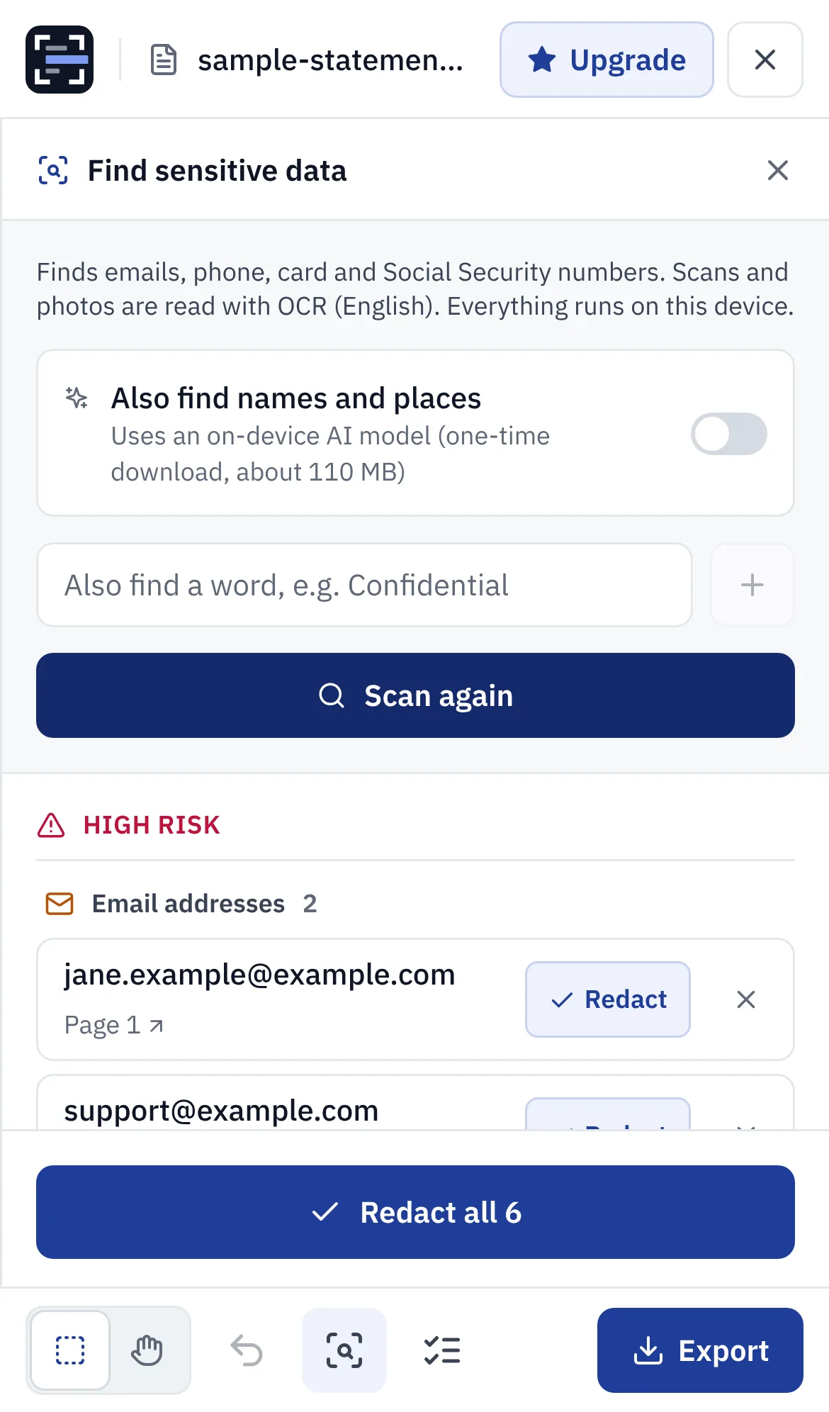 The Find sensitive data panel listing emails and phone numbers, with a Redact all button