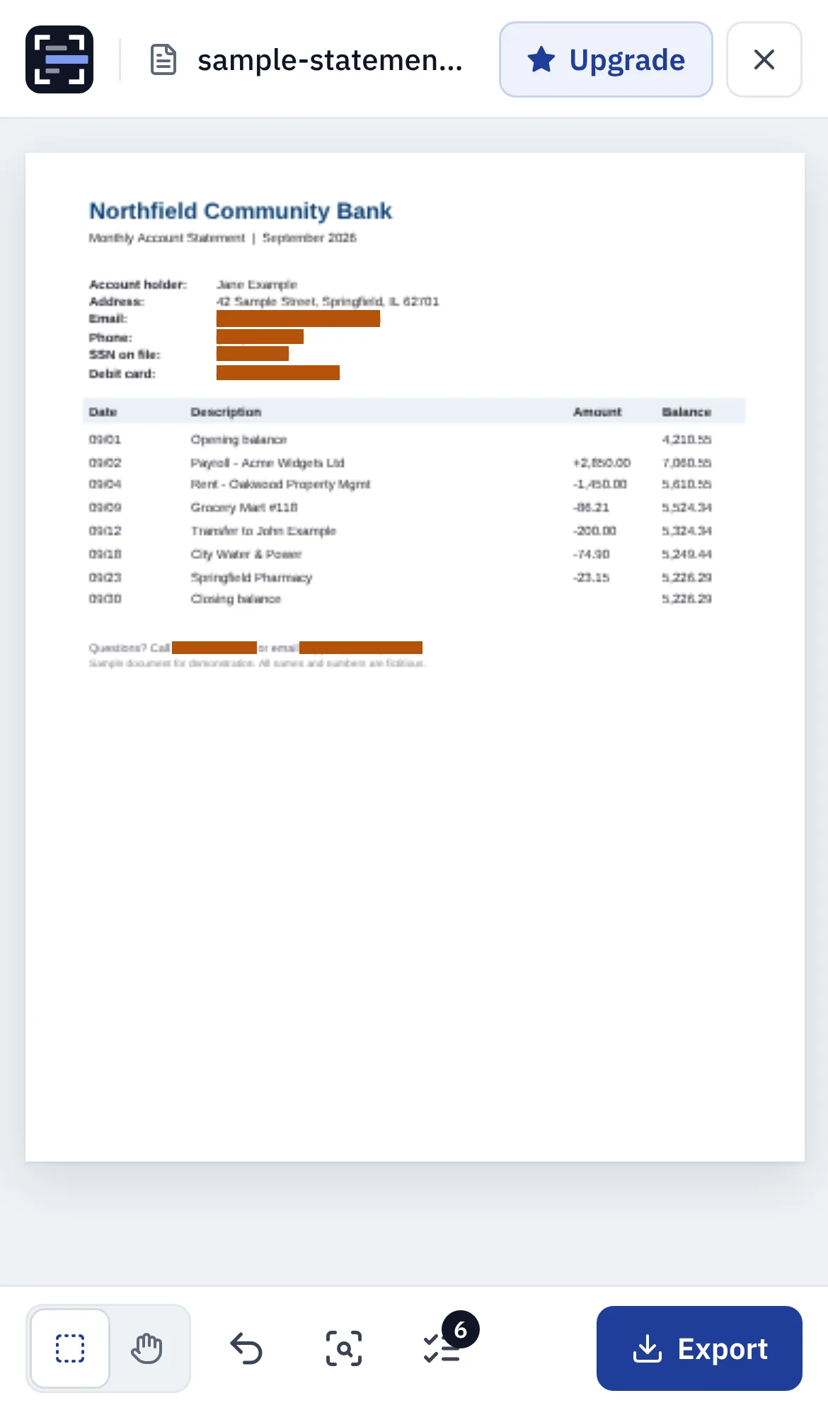 The statement with redaction boxes over the email, phone, SSN and card number