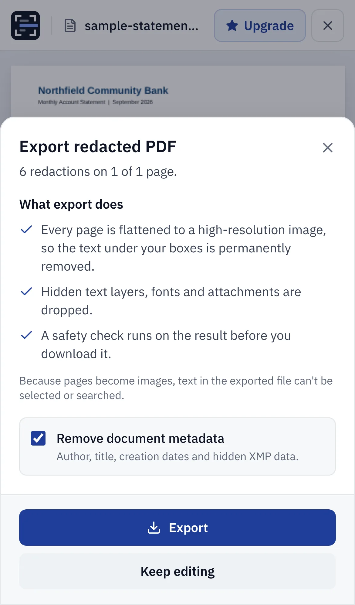 The Export redacted PDF dialog