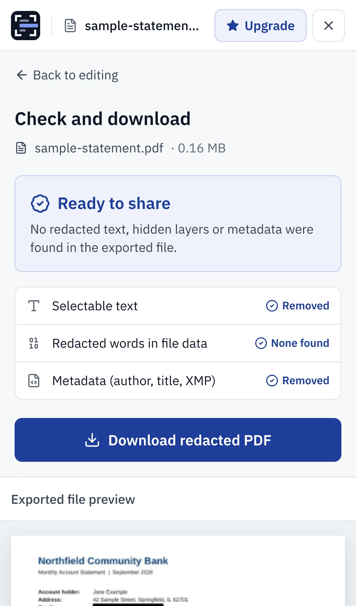 The Check and download screen reporting that no redacted text or metadata was found