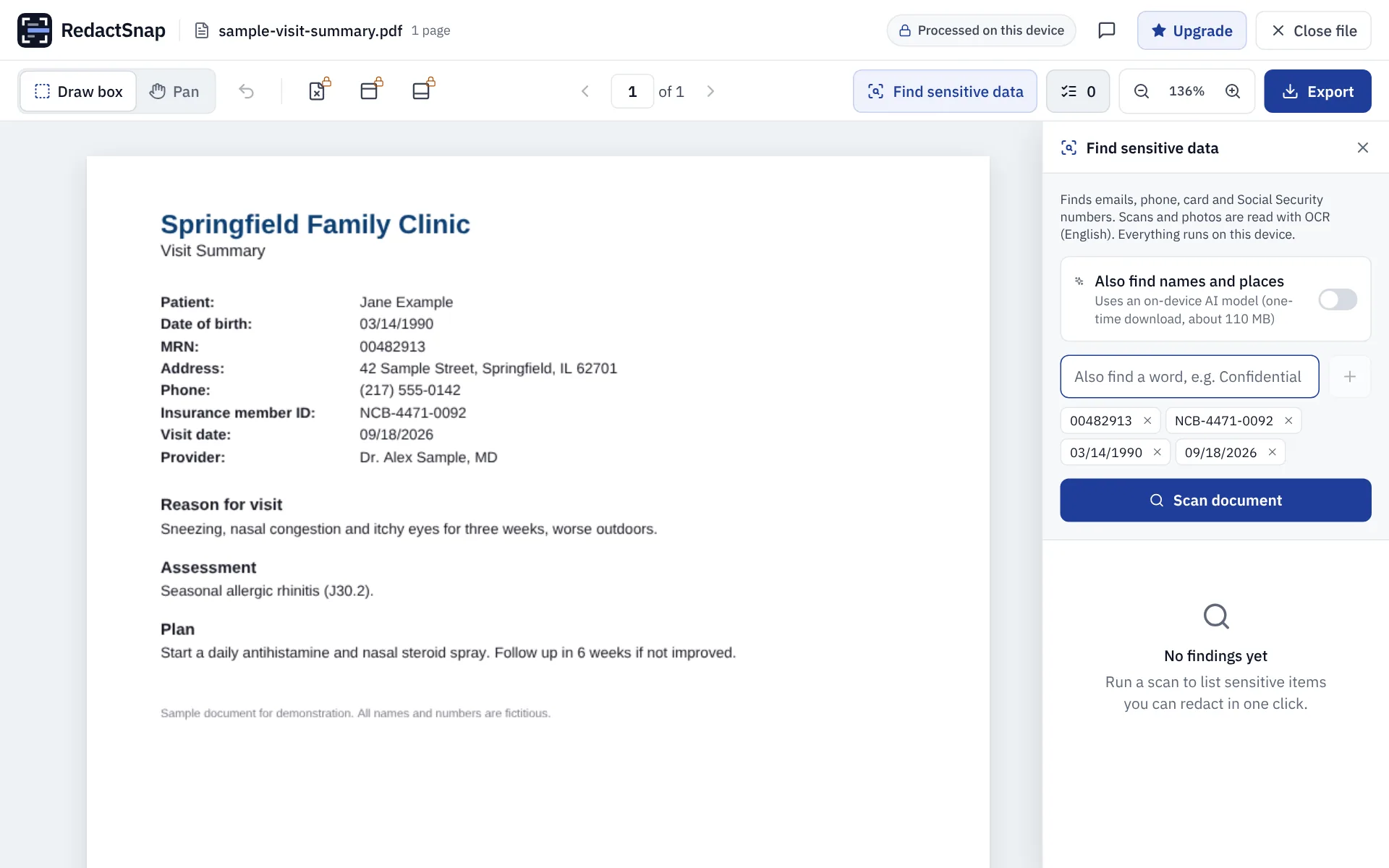MRN, member ID and dates added as search terms in RedactSnap