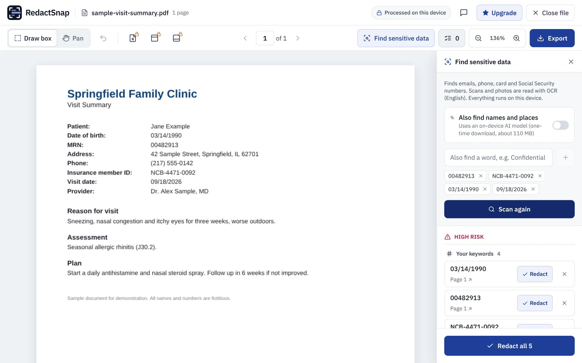 Scan results listing the date of birth, MRN, member ID and phone number