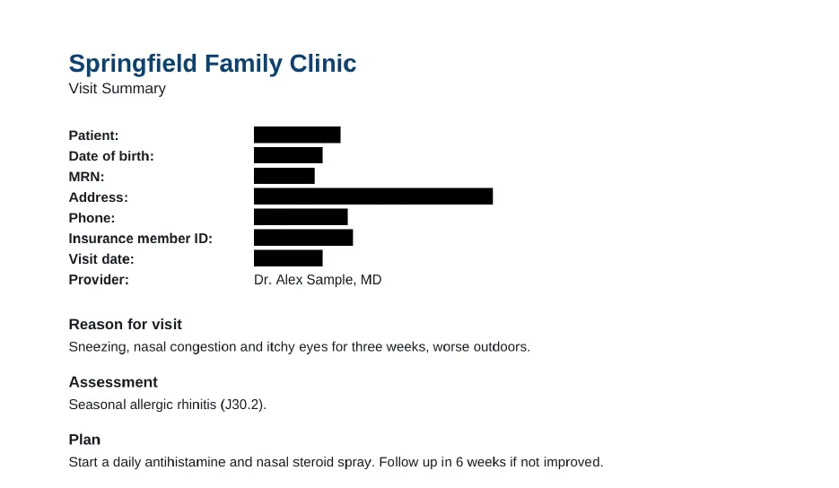 The exported visit summary with the patient's name, date of birth, MRN, address, phone, member ID and visit date covered
