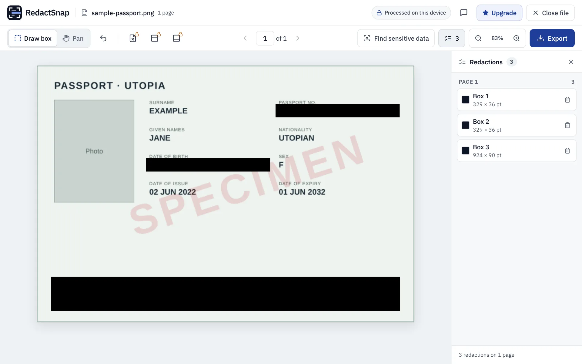 A specimen passport in RedactSnap with boxes over the passport number, date of birth and MRZ
