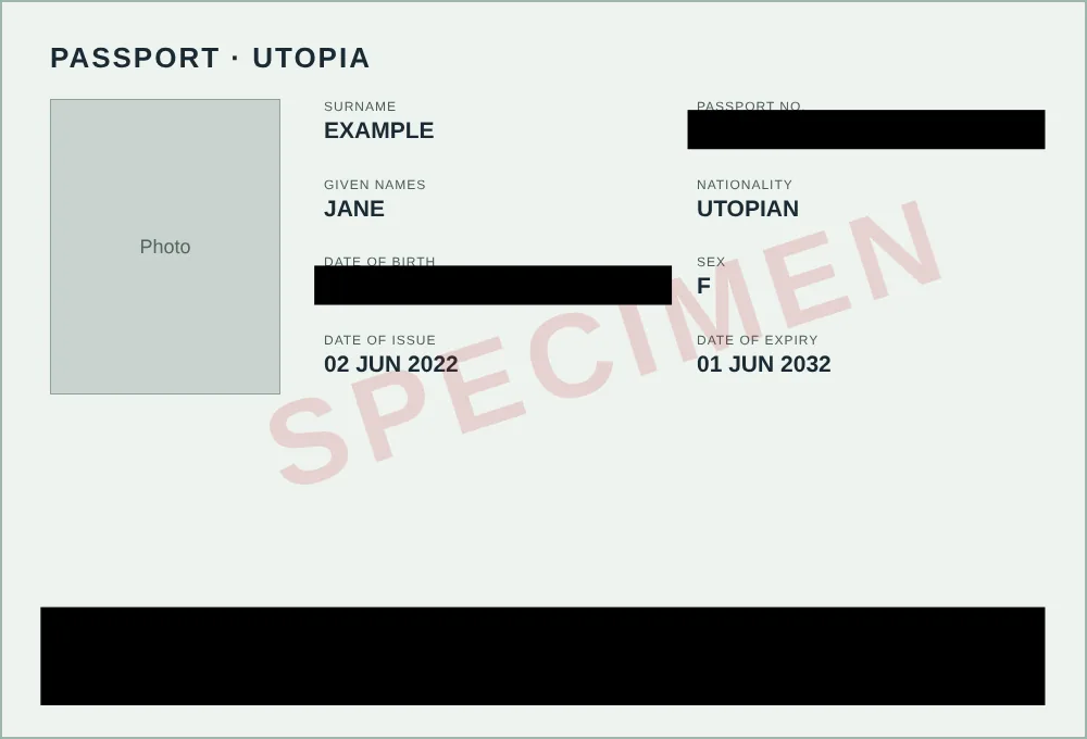 The exported passport image with the number, date of birth and MRZ covered by solid boxes