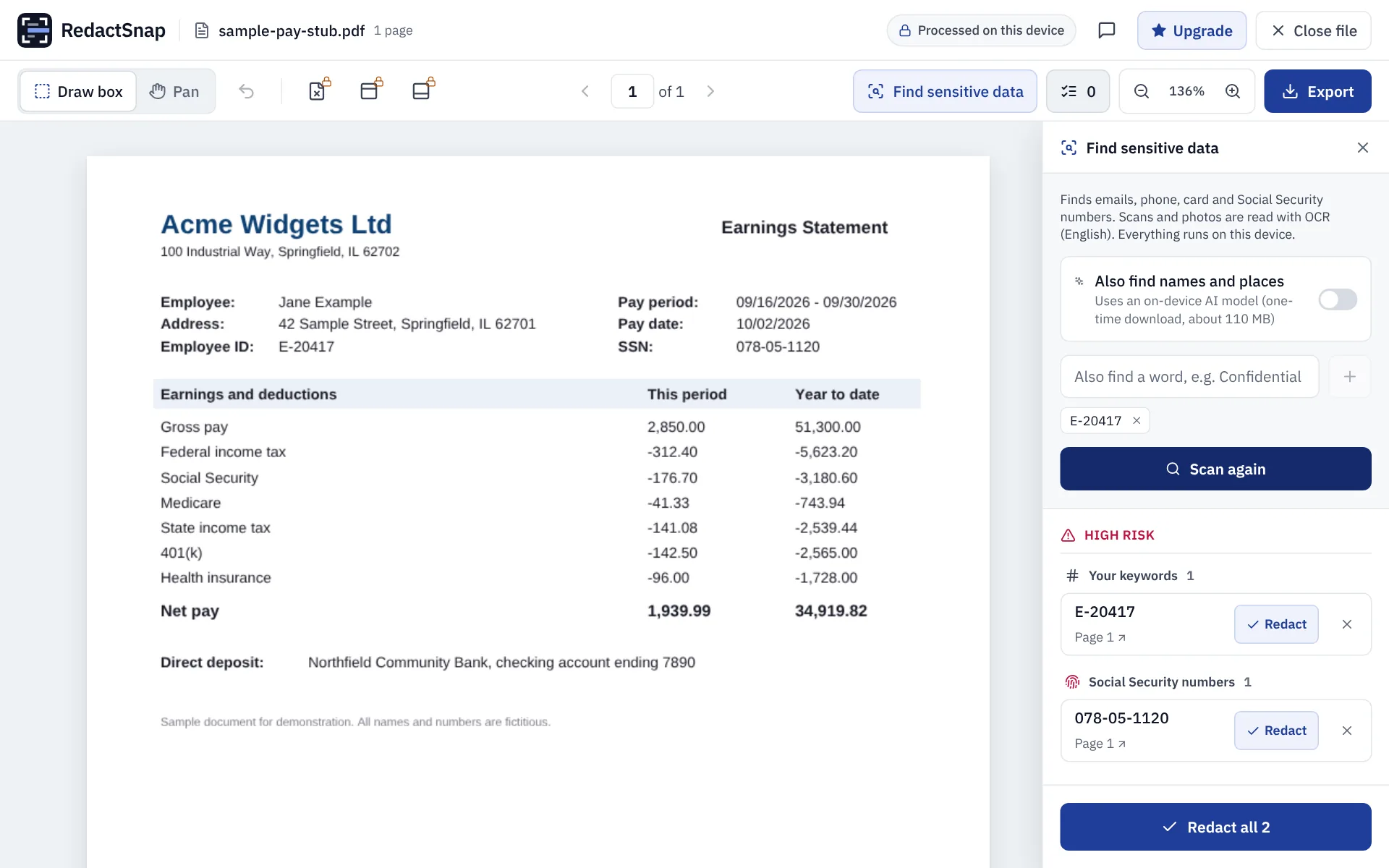 Smart Scan listing the employee ID and the Social Security number on a sample pay stub