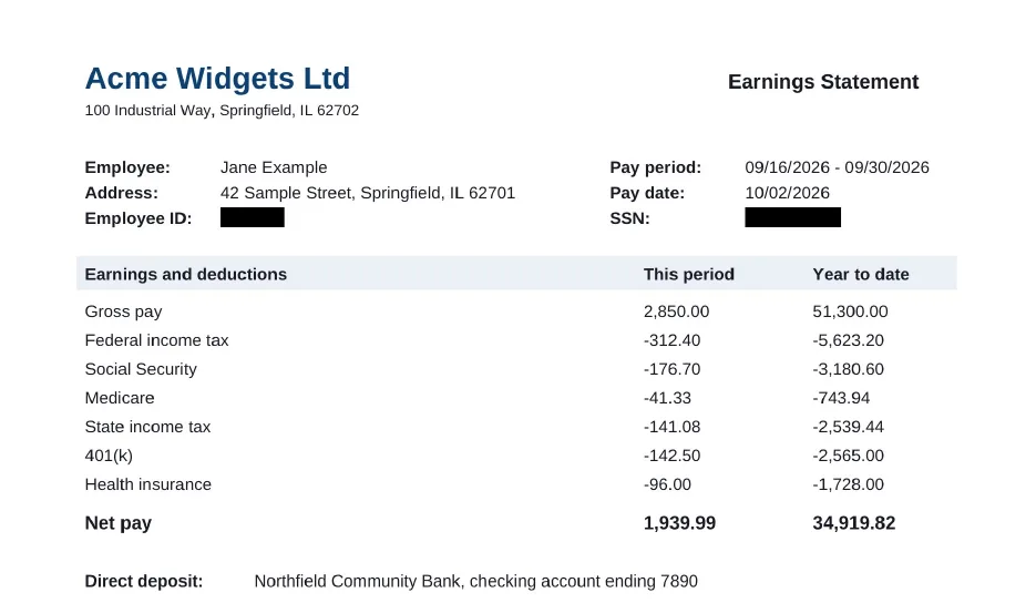 The exported pay stub with the employee ID and SSN covered, and pay figures left visible