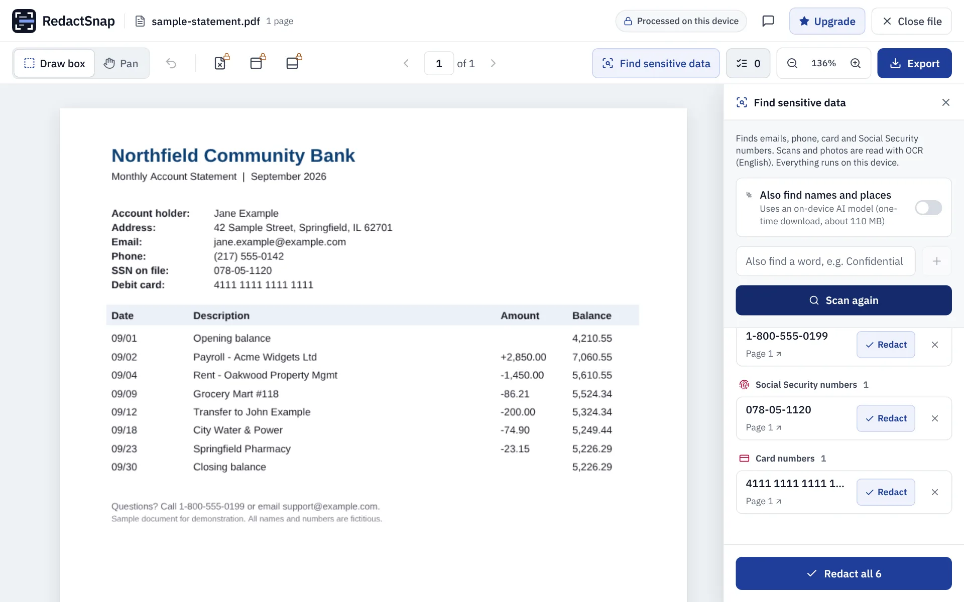 Smart Scan listing a Social Security number and a card number
